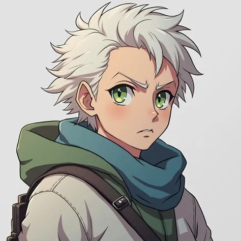 full body photo, serious face, Athletic, 31 year old Halfling, green colored eyes, blue scarf, white sweatshirt with green hood , Black boots, handbag, Anime Village saga, 4K, epic, Village saga.