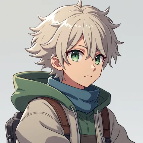 full body photo, serious face, Athletic, 31 year old Halfling, green colored eyes, blue scarf, white sweatshirt with green hood , Black boots, handbag, Anime Village saga, 4K, epic, Village saga.