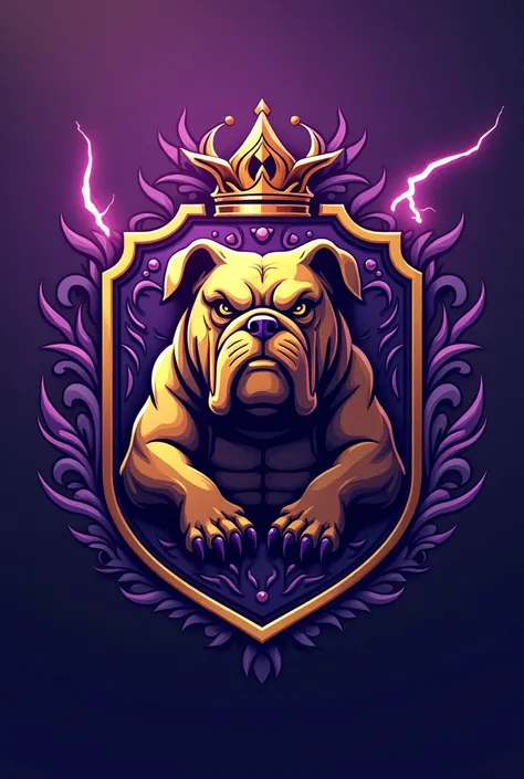 Create a shield for a football team called Barbalho GBC in Portuguese, purple and gold colors, bulldog
