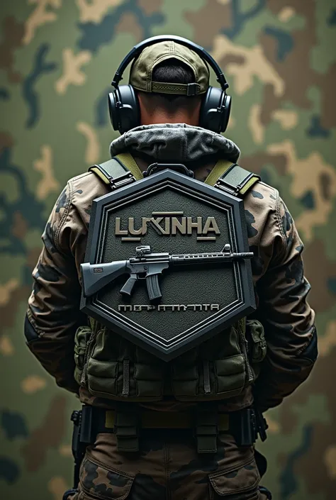 Hexagonal rubber patch , Airsoft crest , with the name Lukinha airsoft using m4 rifle weapon , camouflage background, Airsoft operator with cap and headphones
