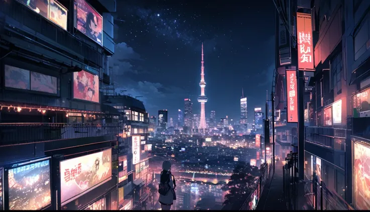 View of Tokyo city,Night starry sky,Streetscape、listen to music、Japanese