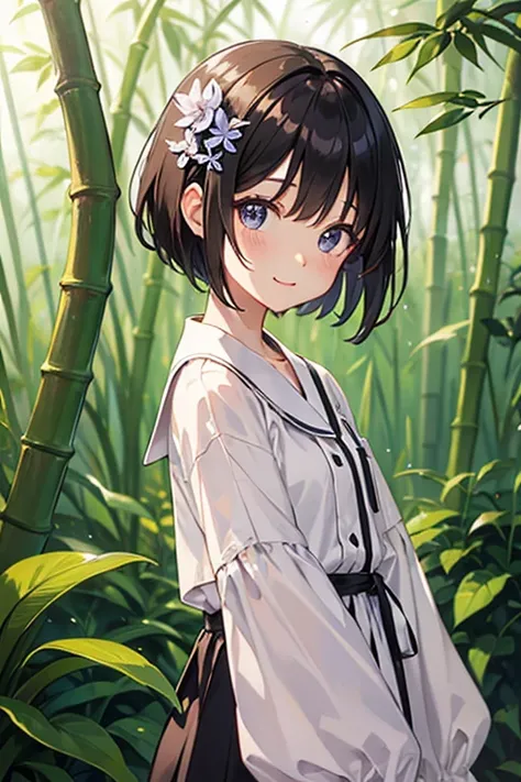 Highest quality、Black Hair、Iris、short hair、、cute、、、Small hair ornament、1 person、bamboo forest、stroll、A happy look、