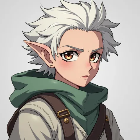 Halfling man, white hair, hazel eyes, pale, character portrait, serious, anime style, anime