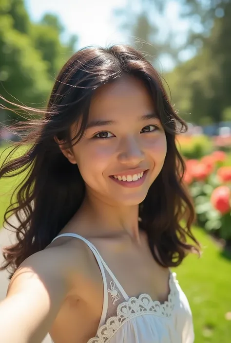 16 year old girl, white dress
Black hair, Selfie