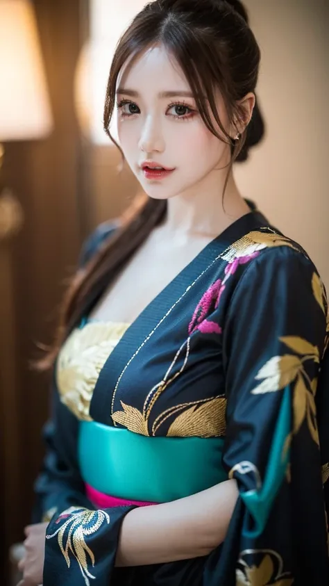 (((HD photo))), ultra high res.photorealistic:. 1.4, UHD, 1 girl Kimono dress, beautiful detailed eyes, beautiful detailed lips, extremely detailed face, long eyelashes, beautiful dress, colorful fabric, intricate embroidery, standing pose, warm lighting, ...