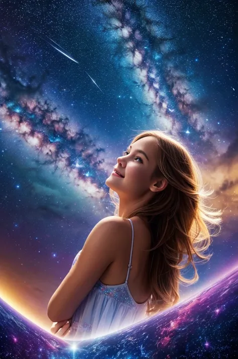 Attention to detail, Super Detail, Ultra-high resolution, Girl enjoying time in fantasy galaxy, Surrounded by stars, A warm light shines on her, The background is a starry sky，There are colorful galaxies and galactic clouds, The stars were flying all aroun...