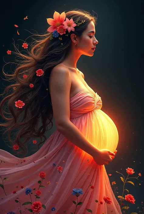 A beautiful and ethereal woman, her long hair adorned with flowers, her pregnancy glowing with life. A caring midwife attends to her, as the dark background is accented with vibrant blooms. Hyper-realistic full-color illustration, (best quality,4k,8k,highr...