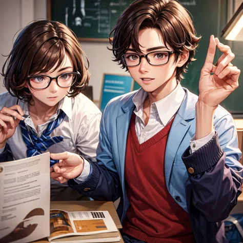 Brown haired nerd boy, He has glasses and a school uniform 