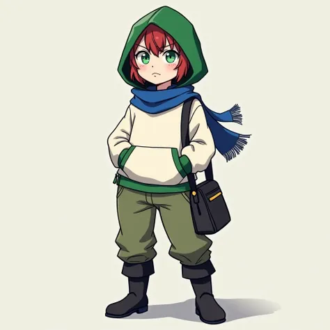 full body photo, serious face, Athletic, 31 year old Halfling, green colored eyes, blue scarf, white sweatshirt with green hood , Black boots, handbag, Anime Village saga, 4K, epic, Village saga.