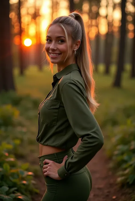 Foto hiper-realista em close de Emily Sears , work of art, best qualityer, (photorrealistic:1.4), whole body, (military green blouse:1.1), (army green yoga pants:1.2),, Thu, forest walks, romantic sunset, cores do Thu,  cinematic light, beautfull woman, sk...