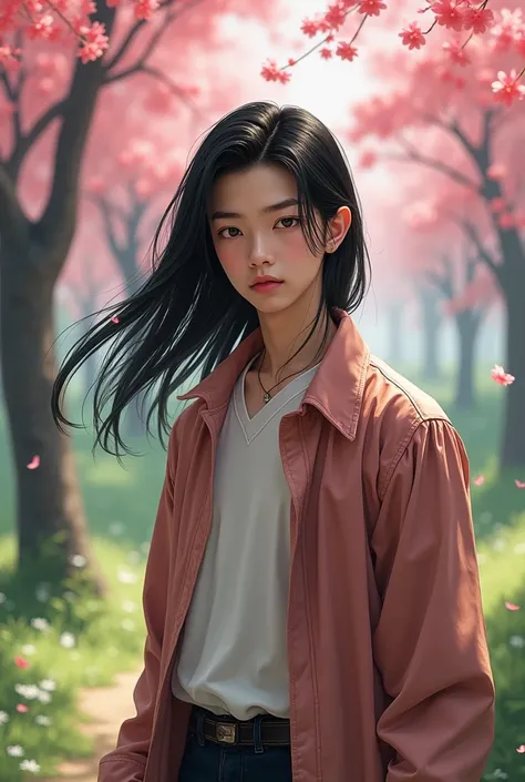 Create me an 18 year old boy, Cao Cao, black hair, straight black hair flowing above the ear, full lips, dark eyes and partially strong body, but thin body type.