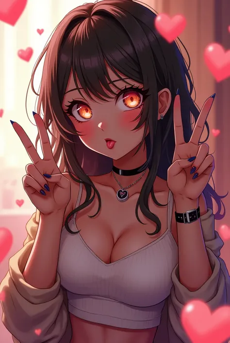 cute anime character girl, sticking tongue out, showing peace sign, messy wavy long hair, brown skin, heart-shaped pupils, choker, wearing loose baggy hip-hop fashion, attractive and seductive face, make-up, superlative body proportion, indoors, heart effe...