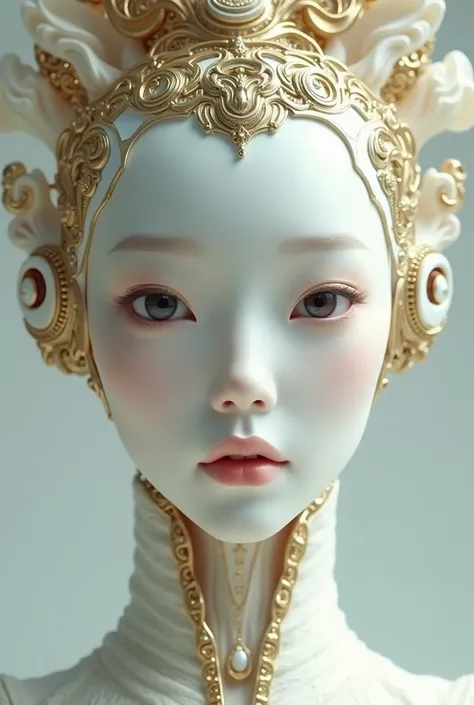 Generate a close-up portrait of a futuristic, regal Korean female android with a smooth white face, adorned with intricate gold and mechanical details. The design should emphasize elegance and sophistication, with a focus on the golden elements and the pre...