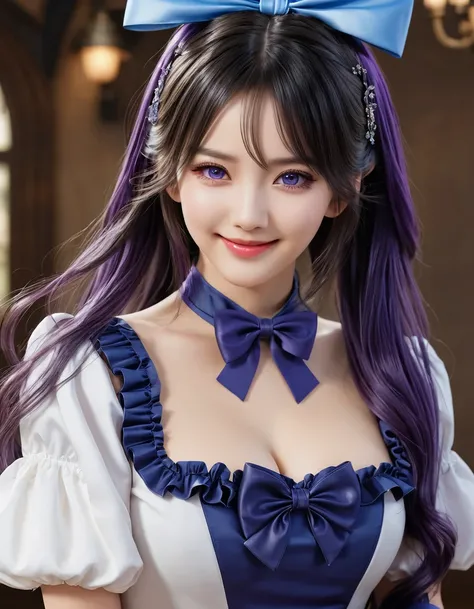 korean,realistic, masterpiece, final detail, photo realistic, intricate detail, octane rendering, 8K, 1Girl, full bodyperfect face, beautiful face, NSWF, trough reference, detail hair,, black bow, black gloves, black legs, blue eyes, blue hair, bow, collar...