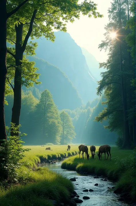 Medium shot showing a lush green valley and dense forests, with crystal clear rivers and majestic mountains. The morning sun shines through the fog, illuminating the lush green vegetation. The trees are tall and abundant, its leaves rustling softly in the ...