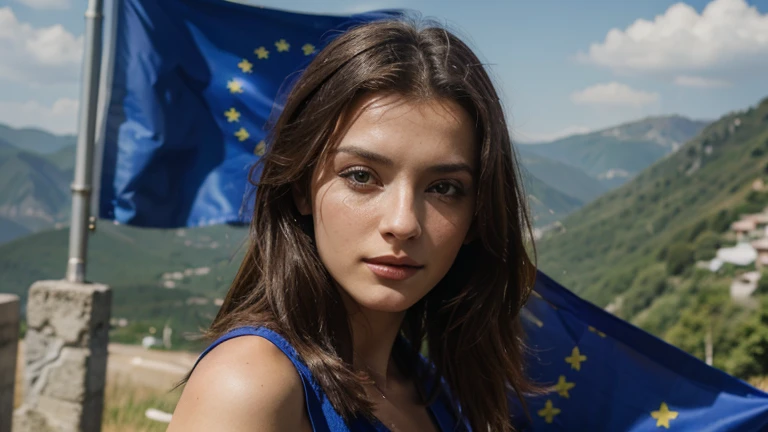 beautiful european woman, cinematic, 4k photo, woman focus, Kosovo flag, 