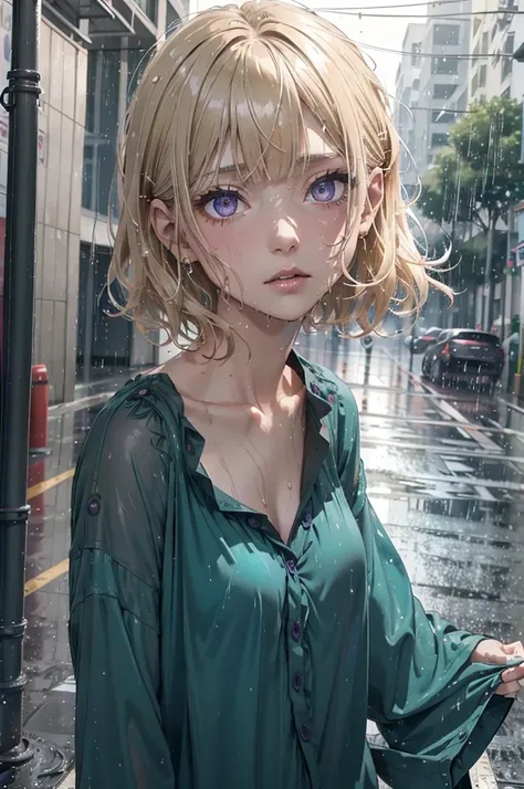 ((gorgeous purple eyes)), Very short hair, Highly detailed, extreme detail, amazing art), Raning, heavy rain, dark, midnight, 1girl, soaking wet drenched, wearing nothing but a pyjama shirt, shirt caramel-blonde hair, depressed, soaking wet hair, hair stic...