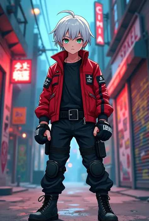 Anime style boy white skin green eyes straight white hair red jacket with black details mma gloves black tactical pants stylish military boots