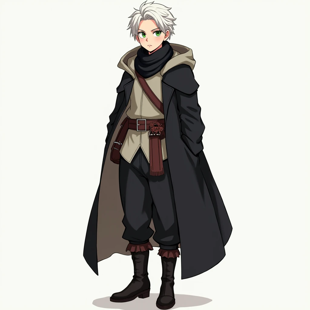 full body photo, serious face, Athletic, 31 year old Halfling, green colored eyes, White hair, black scarf, black coat with gray with brown hood , medieval clothing, black sweatpants, Black boots, handbag, Anime Village saga, 4K, epic, Village saga.