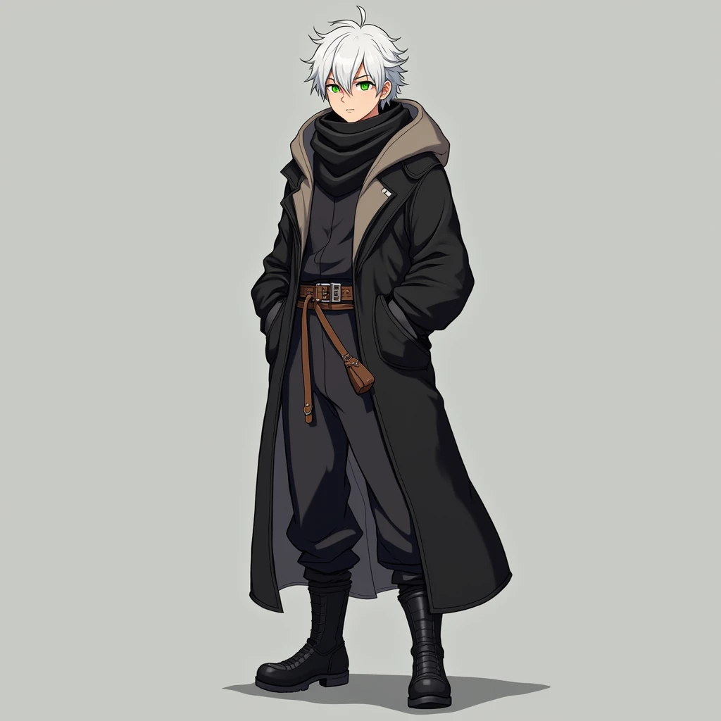 full body photo, serious face, Athletic, 31 year old Halfling, green colored eyes, White hair, black scarf, black coat with gray with brown hood , medieval clothing, black sweatpants, Black boots, handbag, Anime Village saga, 4K, epic, Village saga.