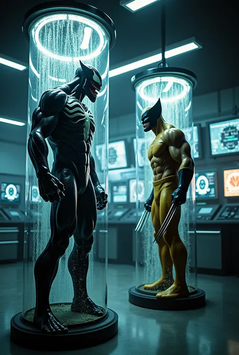 Venom and Wolverine、genetic research institute。There is a large glass cylinder used for scientific experiments。They are each contained in a cylinder。