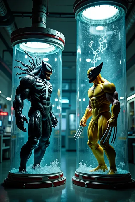 Venom and Wolverine、genetic research institute。There is a large glass cylinder used for scientific experiments。They are each contained in a cylinder。