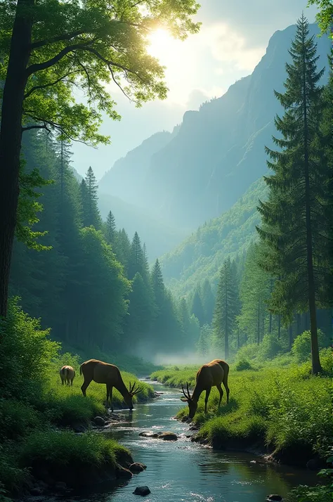 Medium shot showing a lush green valley and dense forests, with crystal clear rivers and majestic mountains. The morning sun shines through the fog, illuminating the lush green vegetation. The trees are tall and abundant, its leaves rustling softly in the ...