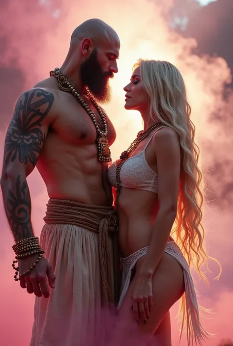 Male shaman and a female yogini, sacred rebels. He is muscular, broad, bald, bearded. She is blond, long haired, voluptuous, hourglass body, toned with abs, a lot of hippie style ethnic jewelry, scantily clad in tones of pink and white. Psychedelic picture...