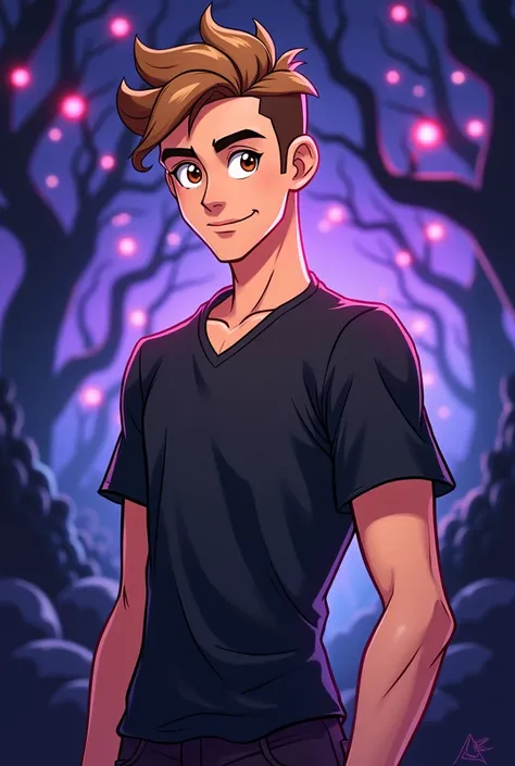 Create an image with minimum dimensions of 128x128px and maximum of 3000x3000px that is cartoon style and says StrikeBlast, with a dark but fantasy background but with a cartoonish young man , with black shirt, Light brown hair, slightly curly and shaved o...