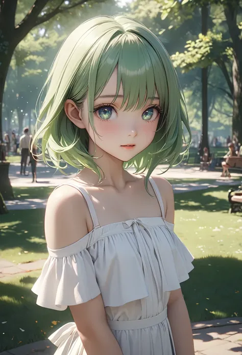 a beautiful, サーナイト、green hair, flat chest, 赤い瞳、detailed eyes, in a park setting, cinematic, masterpiece, high quality, 4k, 8k, h...