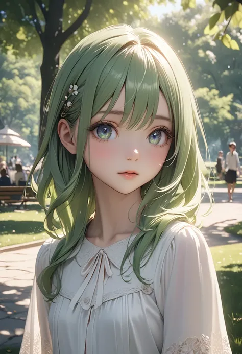 a beautiful, サーナイト、green hair, flat chest, 赤い瞳、detailed eyes, in a park setting, cinematic, masterpiece, high quality, 4k, 8k, h...