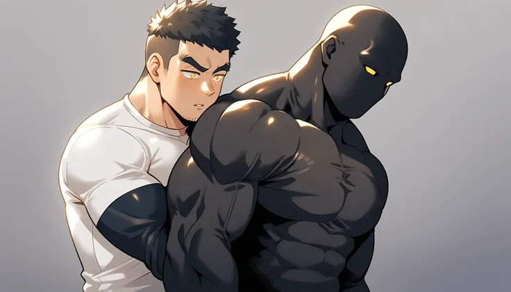 anime characters：two superheroes in tights, muscle sports student and muscle no face skinhead superhero, no face, negro black sk...