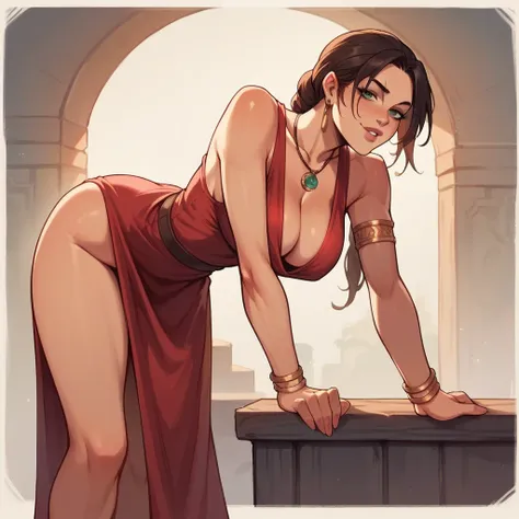 Busty lara croft bent over silk red dress jewelry