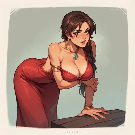 Busty lara croft bent over silk red dress jewelry