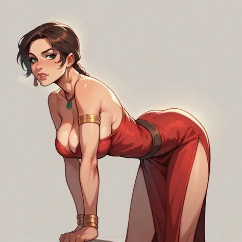 Busty lara croft bent over silk red dress jewelry