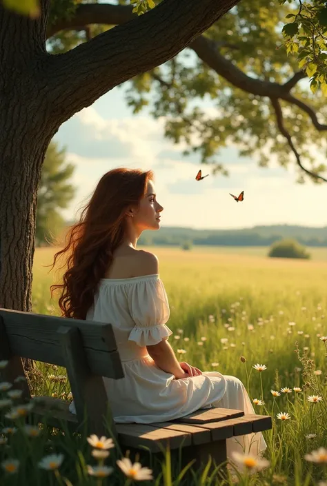 Image of a woman sitting thoughtfully on a rustic wooden bench, in front of another rustic bench under a tree in a field.