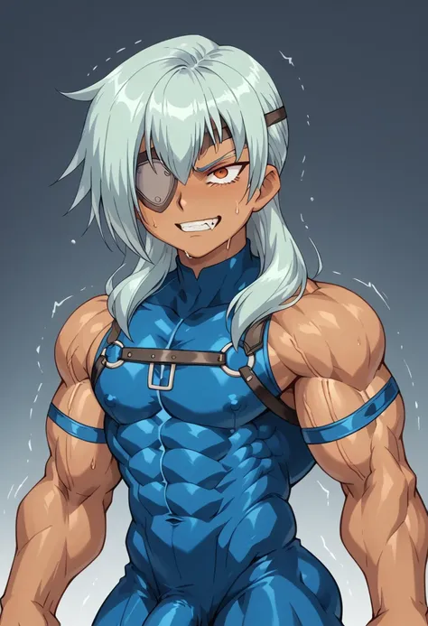 (masterpiece, Highest quality:1.2), smile, View your viewers, (((Huge muscles､Huge erect penis))),David,A tight suit with white lines,Sakuma Jirou,((Young boy,Little,Eye patch,Deep cobalt blue hair color,Long Hair)),Crying face,A lot of drool, sweat, and ,...