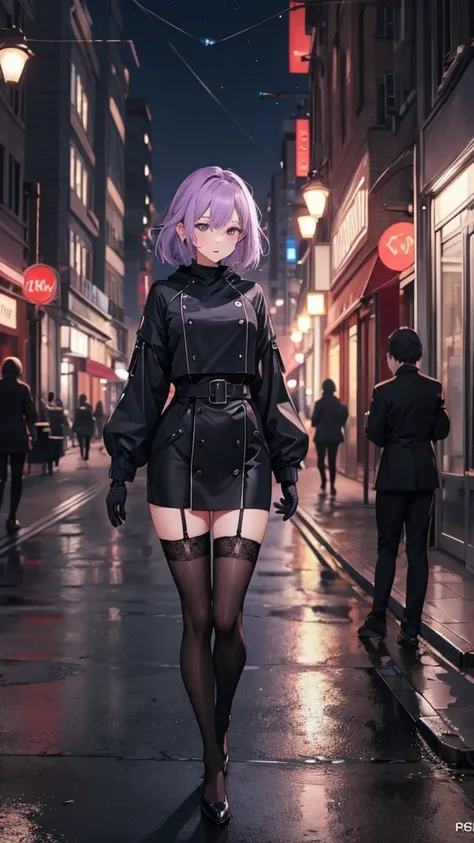 Sexy woman walking down the street at night,Kafka,Black Jacket,Purple gloves,
Large file size,Art Book,Medium chest,Cinematic_angle,Black Stockings,thin_Waist,, (masterpiece, High resolution, Highest quality:1.4, Breathtakingly beautiful, Super detailed)