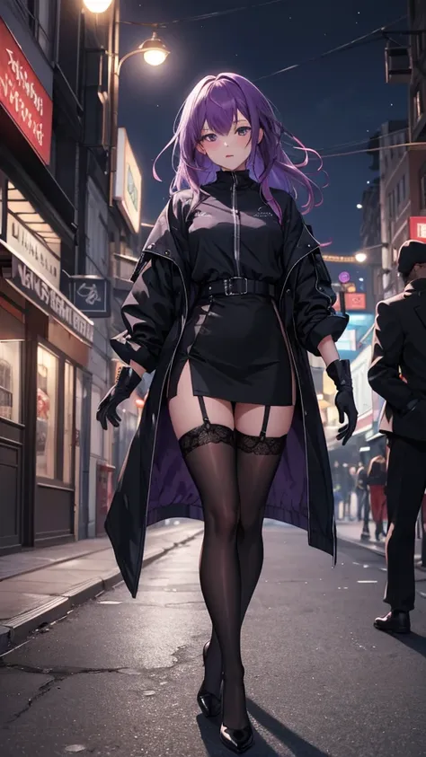 sexy woman walking down the street at night,kafka,black jacket,purple gloves,
large file size,art book,medium chest,cinematic_an...