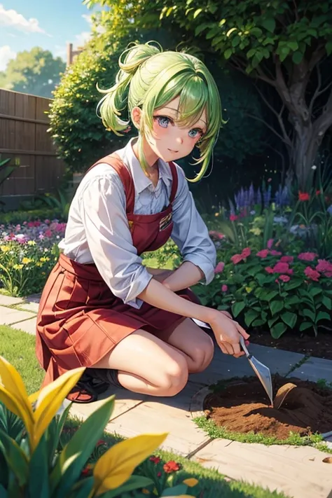 An anime girl in a garden planting plants.