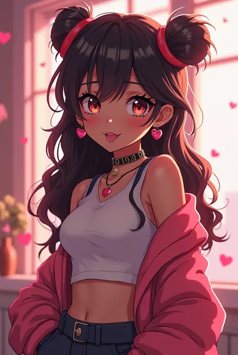 cute anime character girl, hot attractive sister, sticking tongue out, messy wavy long hair, brown skin, choker with heart pendant, round earrings, long nails, wearing loose baggy hip-hop fashion, attractive and seductive face, slutty, orgasm, make-up, sup...