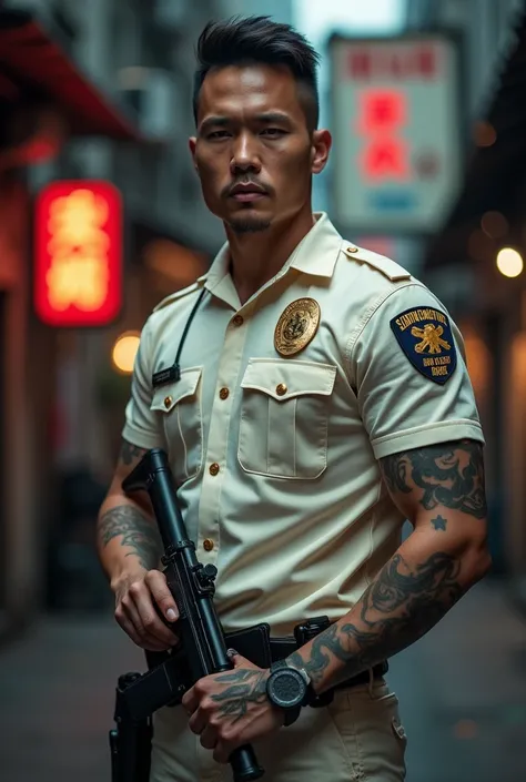 man 30 year old. stark. Asian. offwhite. Policerman. tatuados. With a m17 in hand.