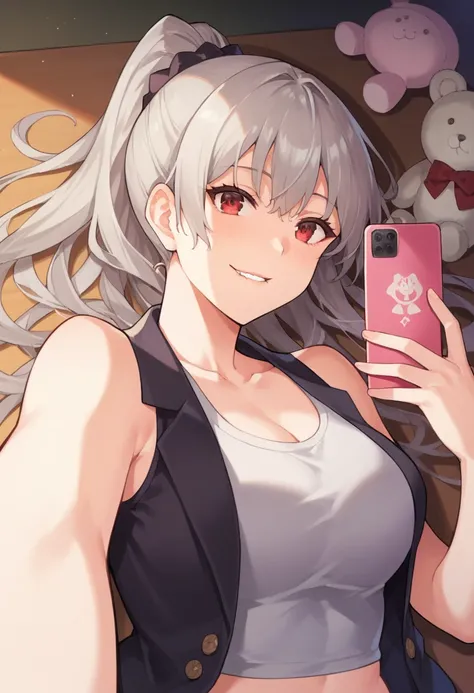 score_9, score_8_up, score_7_up, source_anime, 1girl, red eyes, smile without looking at his teeth, room, wariza, ponytail, grey hair, portrait, blazer, starshadowmagician, (19yo), thin, innocent, curvy body, accidentally selfie, she holding a iphone, tank...