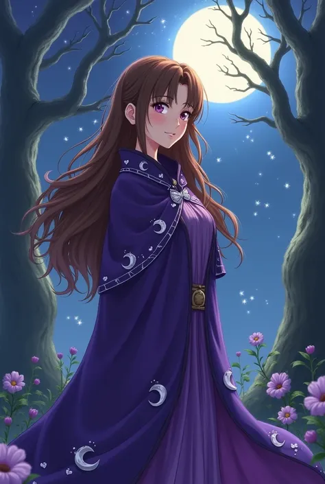 Brown Hair　Long Hair　woman　Purple witch-style clothes anime style