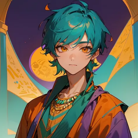 Solo, 1 boy, ((Turquoise hair)), orange eyes, short hair, Arabian style, handsome, 15 years old kid, orange eye liner, soft smile closing eyes, ((ancient Arabic purple clothes)), Arabian nights, ((Egyptian style)), jewelry, (((high quality))), masterpiece,...