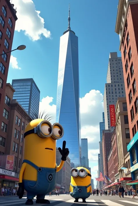 Image of a tall minion fron despicable me doing middle finger to the other minion from a world trade center 