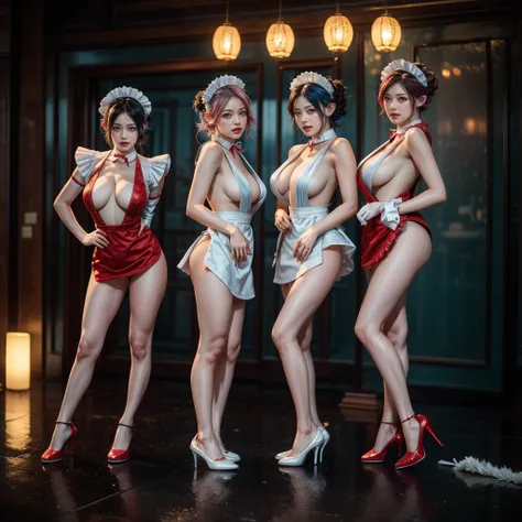 (Full Body of Extremely Detailed((Sexy Maid Group in a row:1.37))), KAWAII perfect face with Reflective Eyes, Detailed(Delicate Clothing textures), Correct Graceful Legs, Dynamic Joyful Expressions LifeLike Rendering, Specular Reflection, TopQuality 8K Ult...