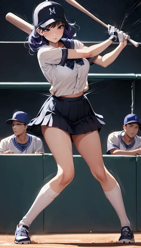 {{swing a baseball bat:1.8}},Baseball bat,Baseball Batting,swing,Strikeout,{{masterpiece}}, {{{Highest quality}}},{{Very detailed}},　cowboy shot, Dynamic composition,A high school girl is swinging and missing at a batting cage,school uniform,mini skirt,Sho...