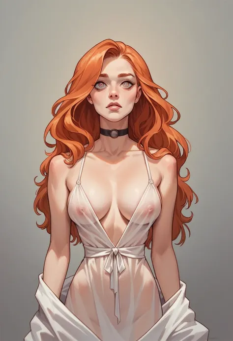 best qualityer, work of art, (realisitic: 1.2), 1 girl, slender girl, ginger hair, eyes browns, full view, face detailed, gorgeous eyes, eyes gray, eyes large, breasts small, choker, stripping off see through gown 