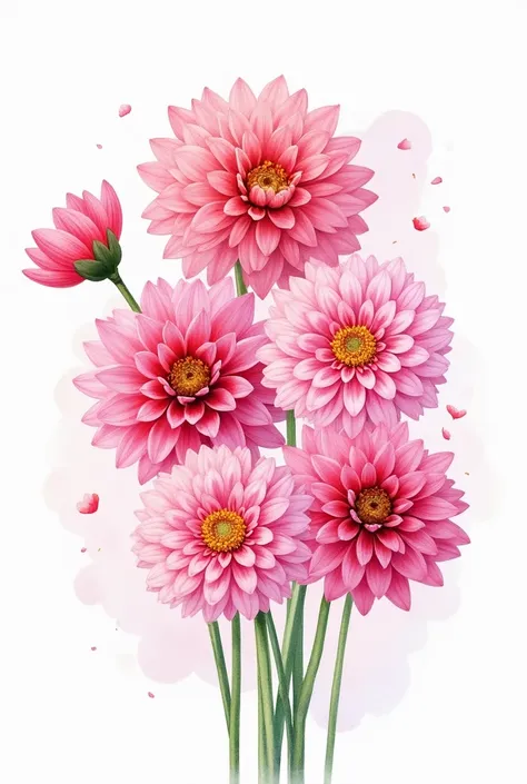 a robust bouquet with a couple of flowers in watercolor illustration of spring pink Dahlia flower, isolated white background